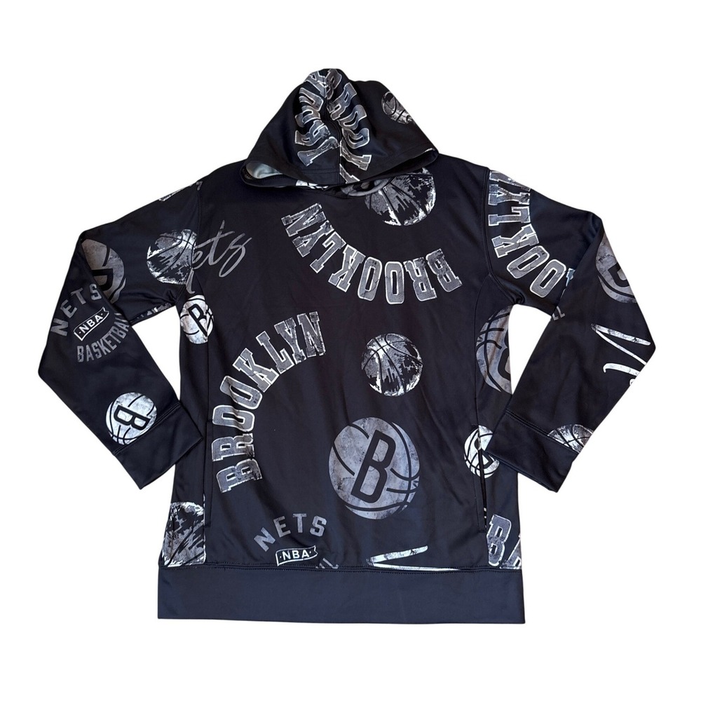 NBA Brooklyn Nets Hoodie Boys Black All Over Print NWT SIZE L 14/16